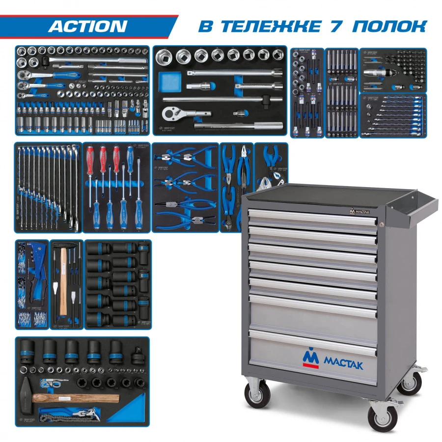 KING TONY Набор инструментов "ACTION" в серой тележке, 327 предметов 934-327AMG