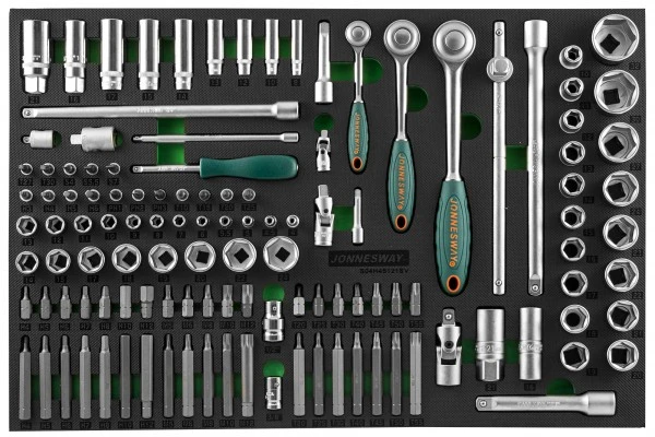 JONNESWAY Набор головок торцевых 1/4", 3/8", 1/2" с аксессуарами, вставками-битами, EVA ложемент, 12