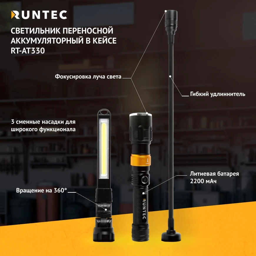 RUNTEC Светильник переносной аккумуляторный в кейсе (3 предмета)